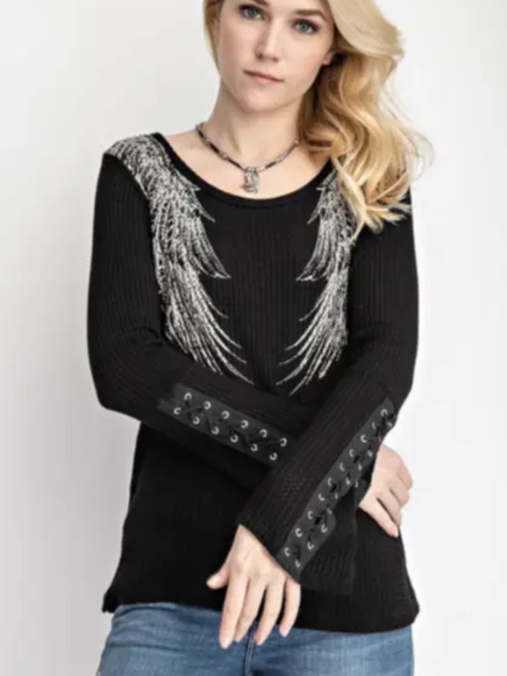 Vocal Womens Angel Wing Black Waffle Knit Top Shirt - Picture 3 of 9